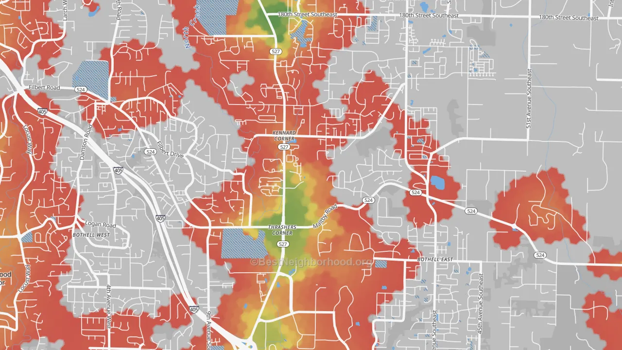 Walk Grade map of Thrasher's Corner-Red Hawk, Bothell, WA, walkable areas in green and car-dependent areas in red