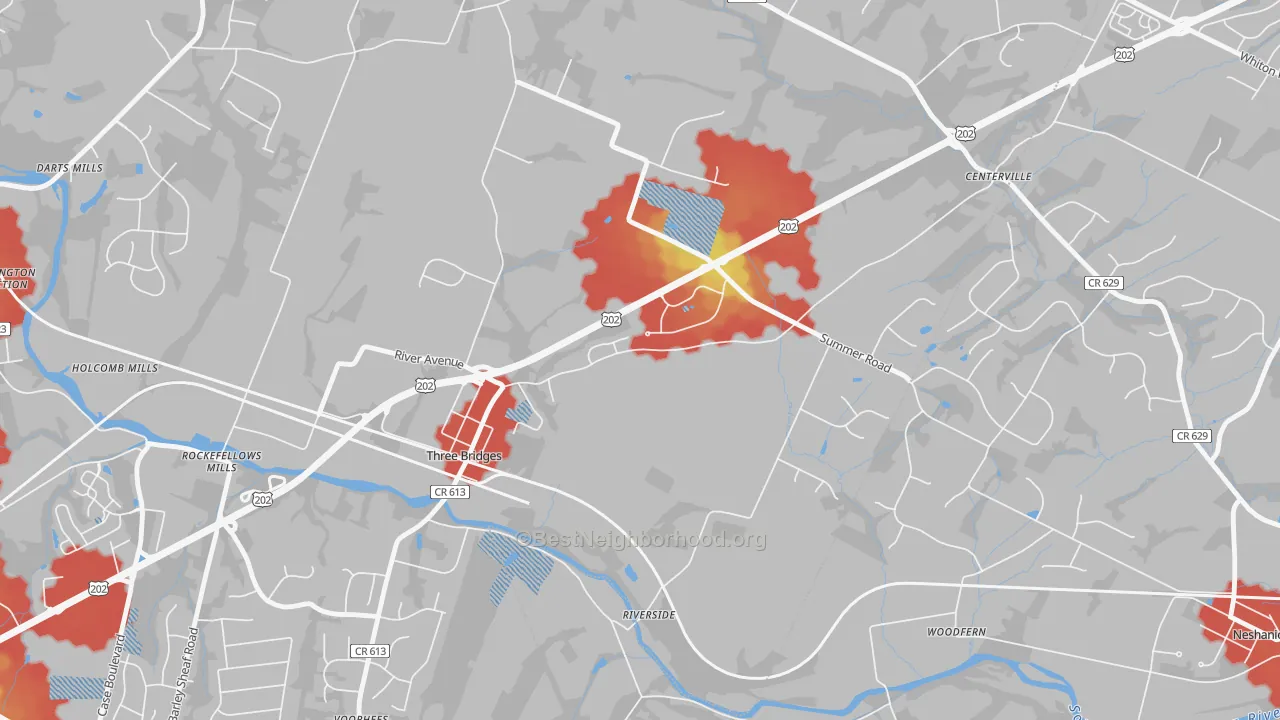 Walk Grade map of Three Bridges, NJ, walkable areas in green and car-dependent areas in red