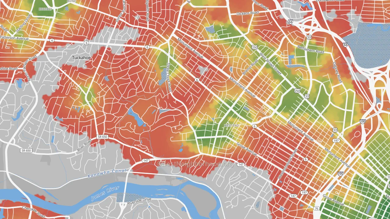 Walk Grade map of Three Chopt, Richmond, VA, walkable areas in green and car-dependent areas in red