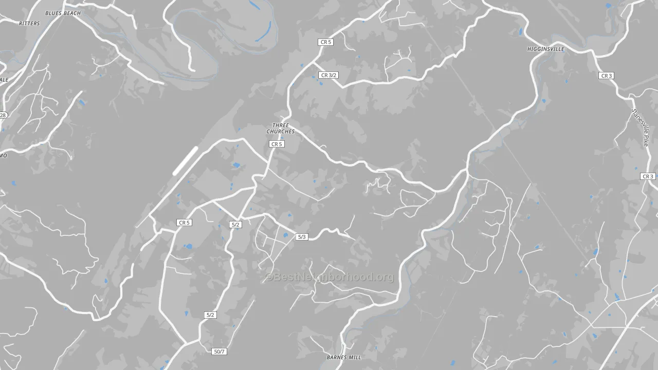 Walk Grade map of Three Churches, WV, walkable areas in green and car-dependent areas in red
