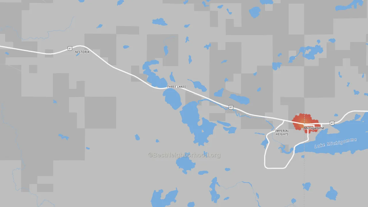 Walk Grade map of Three Lakes, MI, walkable areas in green and car-dependent areas in red