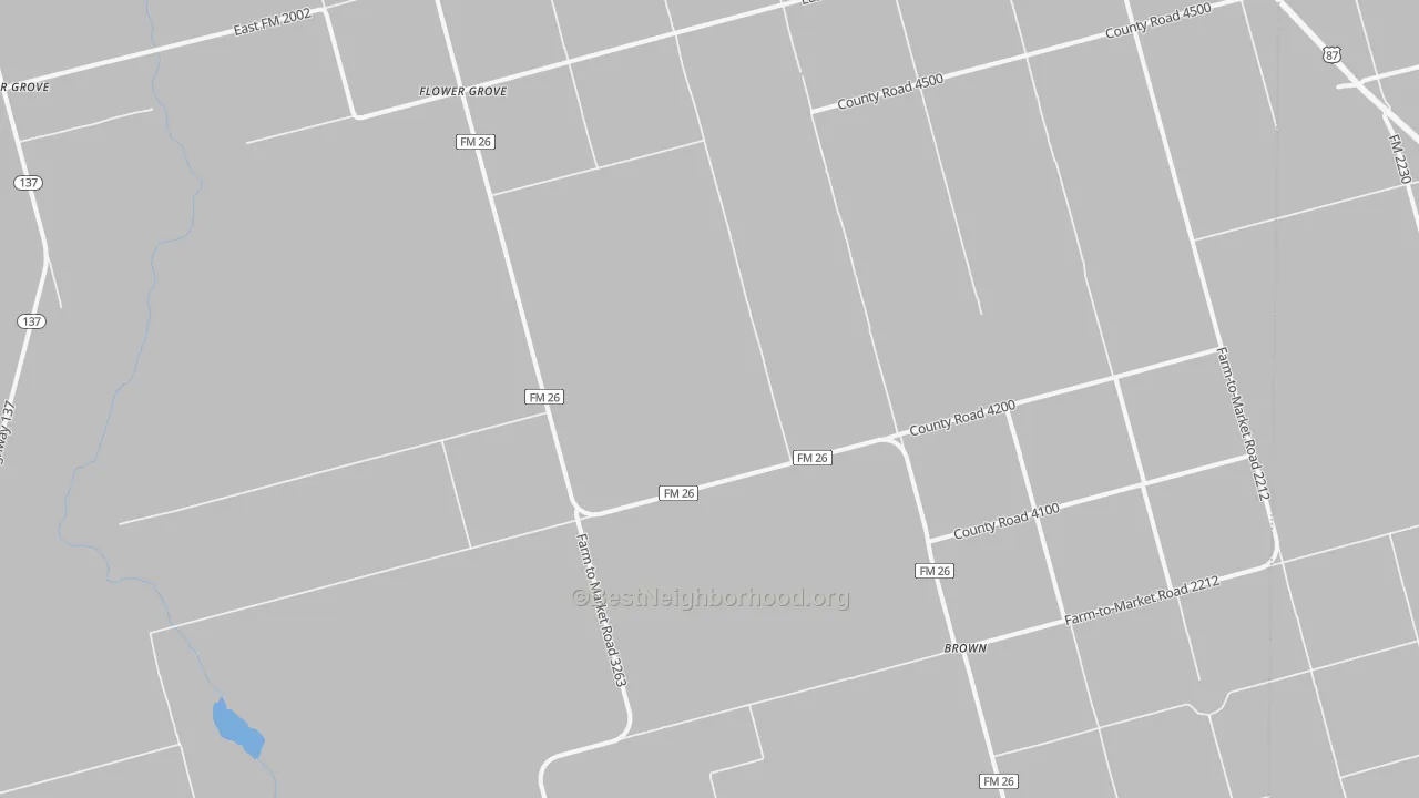 Walk Grade map of Three Leagues, TX, walkable areas in green and car-dependent areas in red