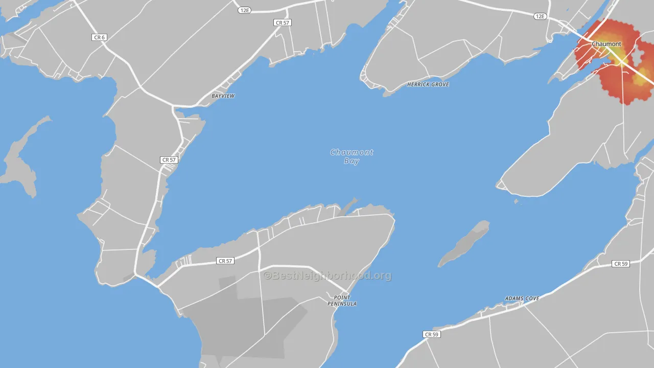 Walk Grade map of Three Mile Bay, NY, walkable areas in green and car-dependent areas in red