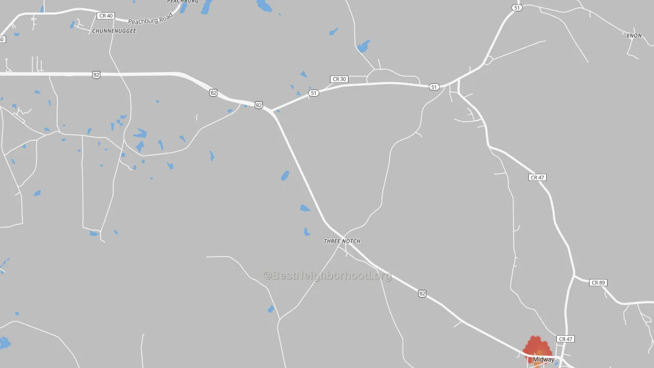Walk Grade map of Three Notch, AL, walkable areas in green and car-dependent areas in red
