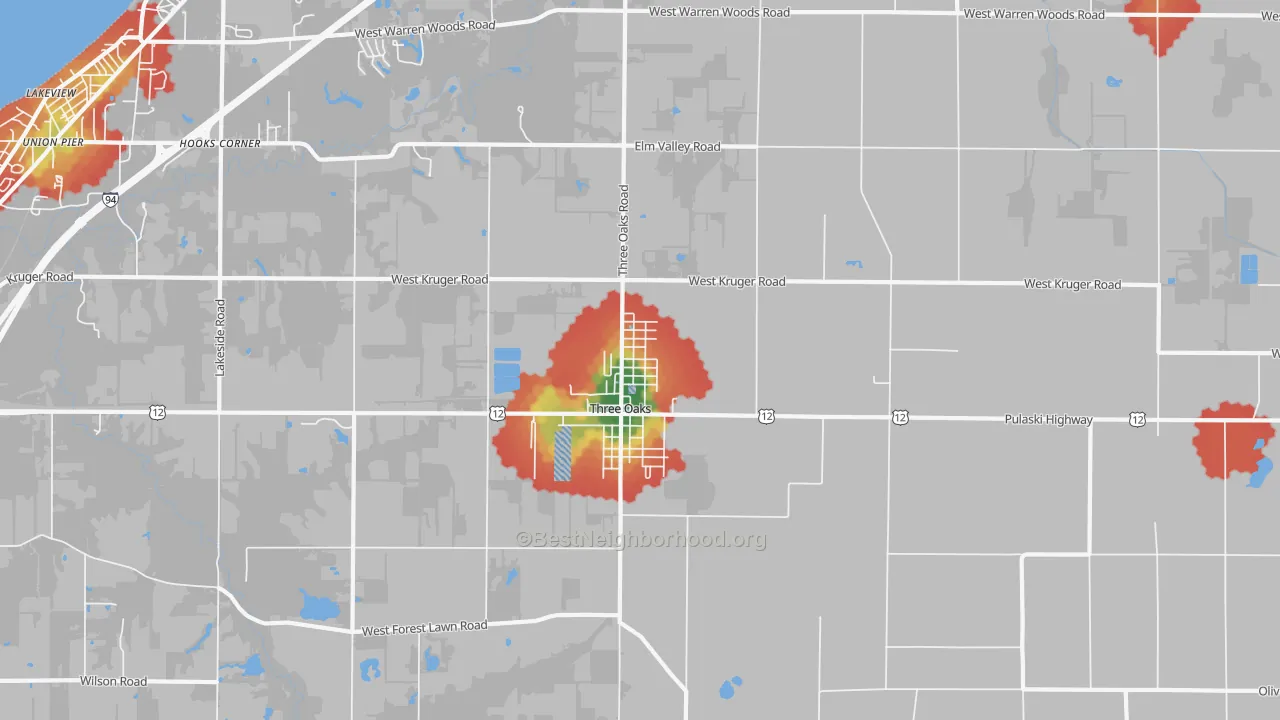 Walk Grade map of Three Oaks, MI, walkable areas in green and car-dependent areas in red