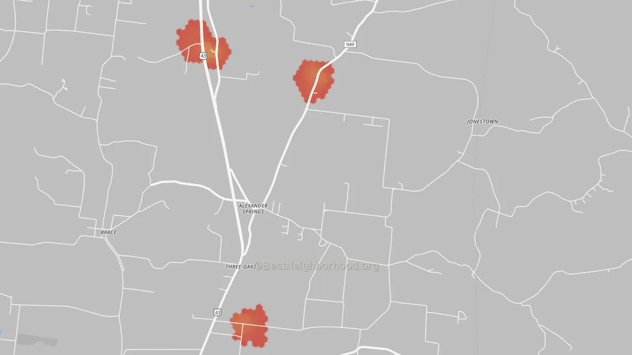 Walk Grade map of Three Oaks, TN, walkable areas in green and car-dependent areas in red