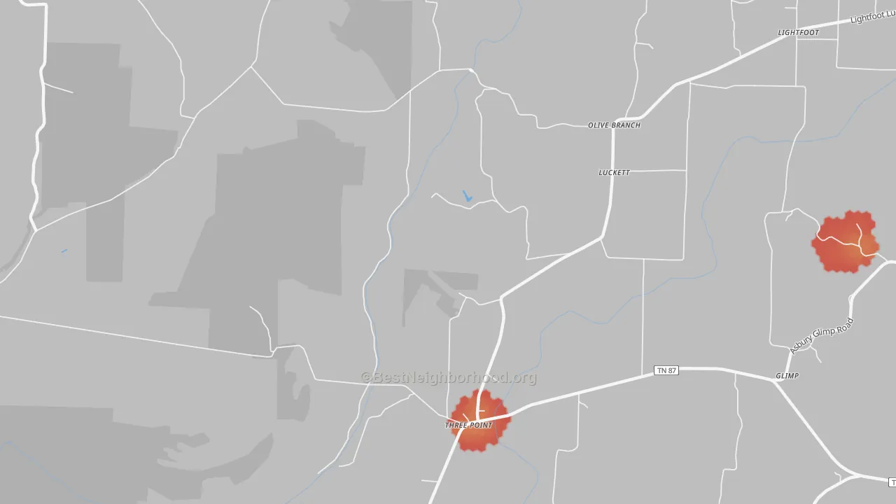 Walk Grade map of Three Point, TN, walkable areas in green and car-dependent areas in red