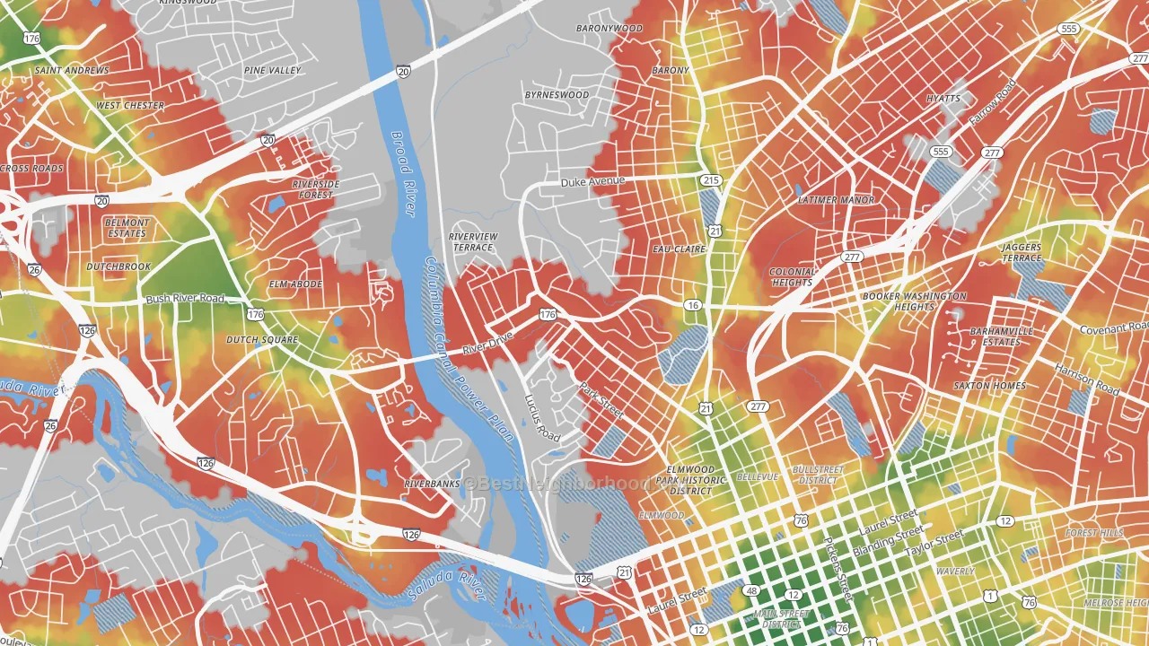 Walk Grade map of Three Points, Columbia, SC, walkable areas in green and car-dependent areas in red