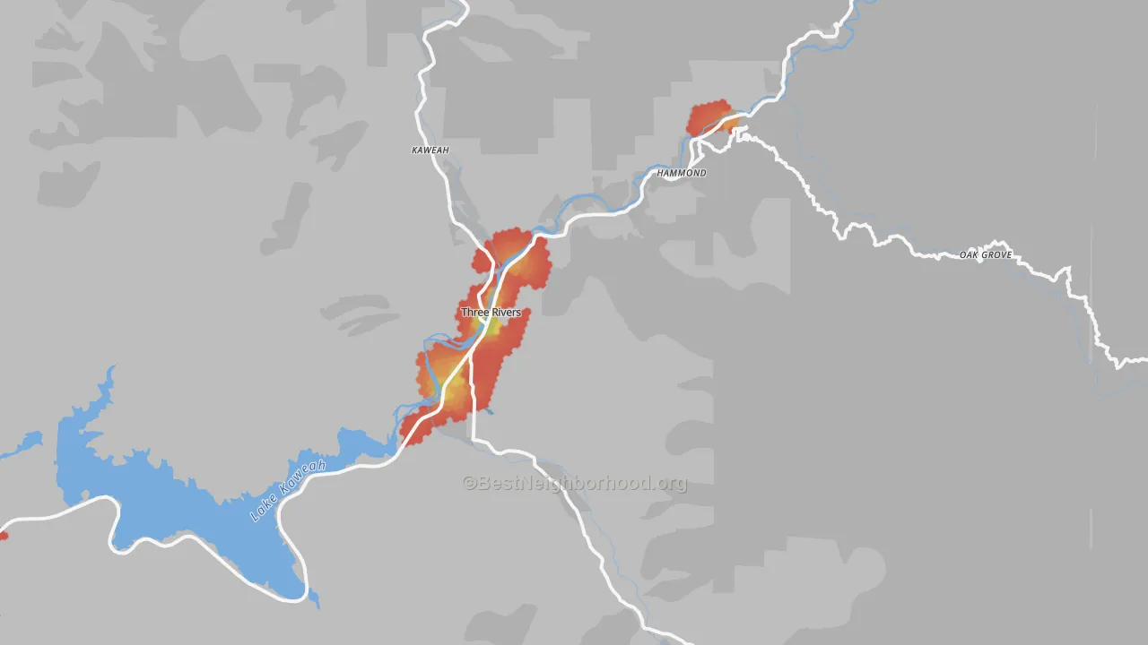 Walk Grade map of Three Rivers, CA, walkable areas in green and car-dependent areas in red