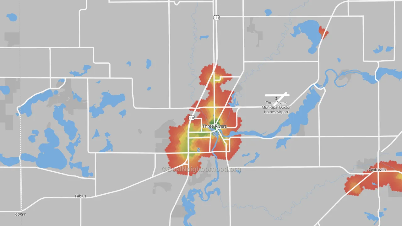 Walk Grade map of Three Rivers, MI, walkable areas in green and car-dependent areas in red