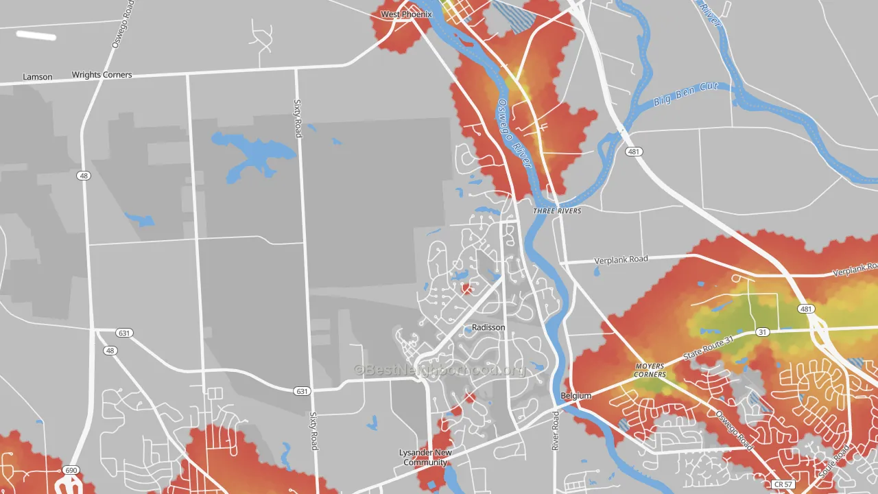 Walk Grade map of Three Rivers, NY, walkable areas in green and car-dependent areas in red