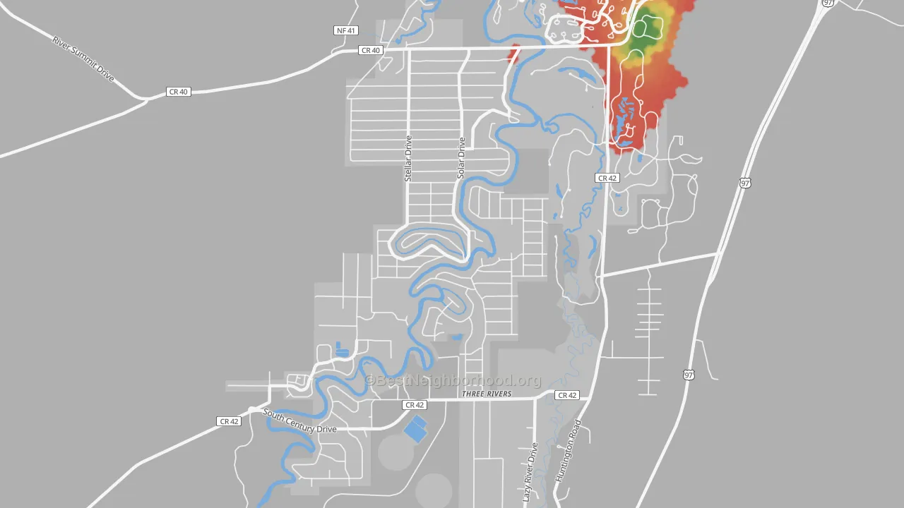 Walk Grade map of Three Rivers, OR, walkable areas in green and car-dependent areas in red