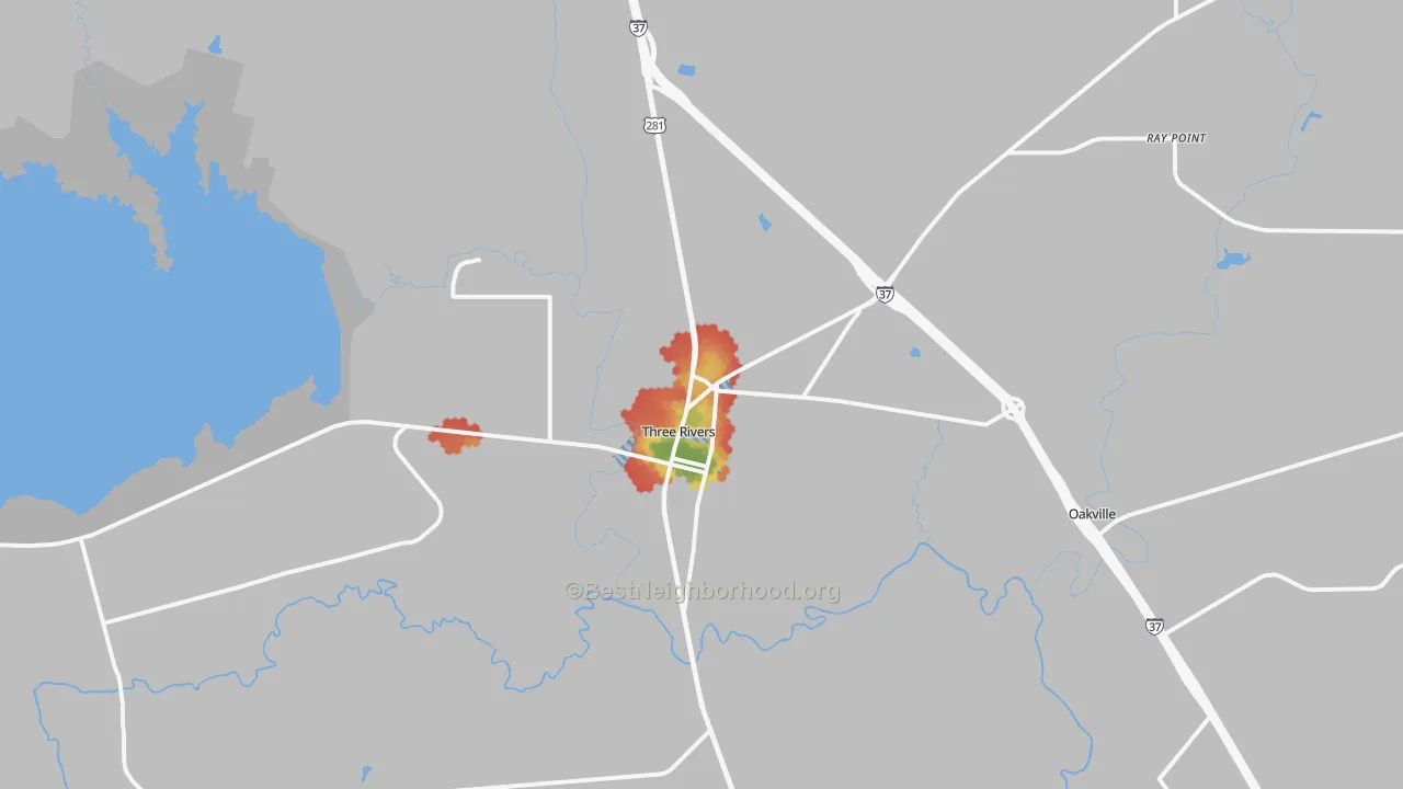 Walk Grade map of Three Rivers, TX, walkable areas in green and car-dependent areas in red