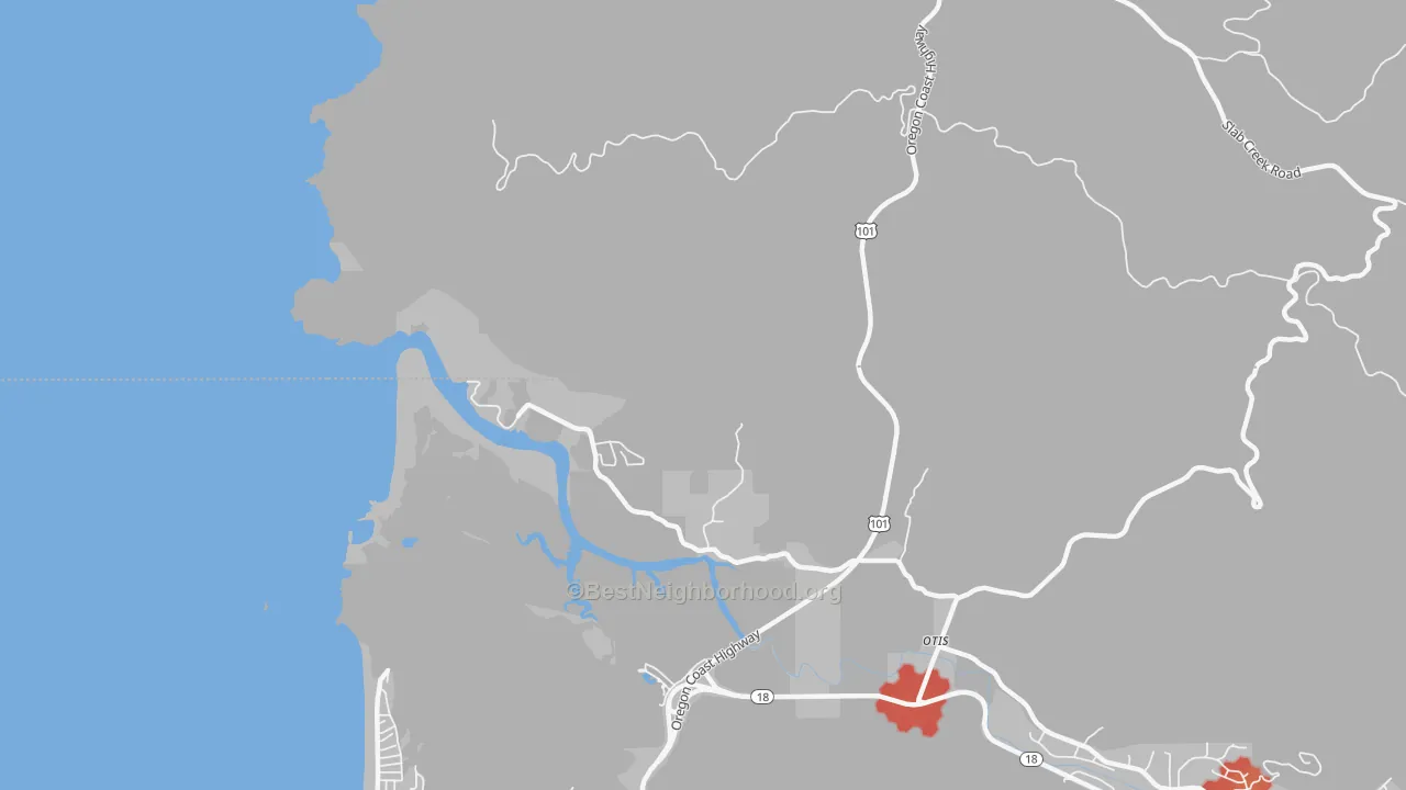 Walk Grade map of Three Rocks, OR, walkable areas in green and car-dependent areas in red