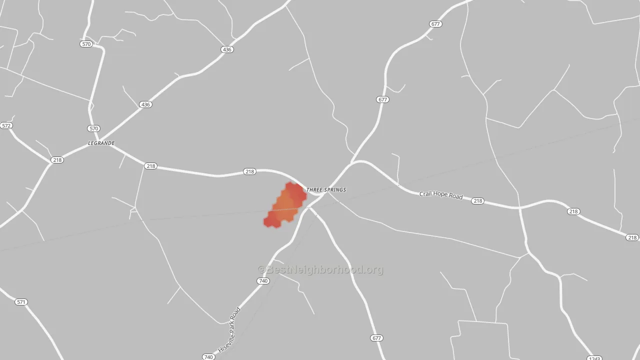 Walk Grade map of Three Springs, KY, walkable areas in green and car-dependent areas in red