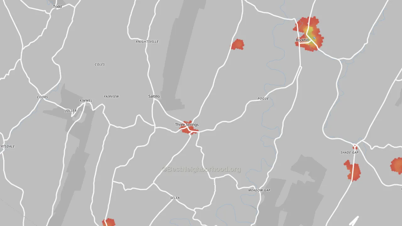 Walk Grade map of Three Springs, PA, walkable areas in green and car-dependent areas in red
