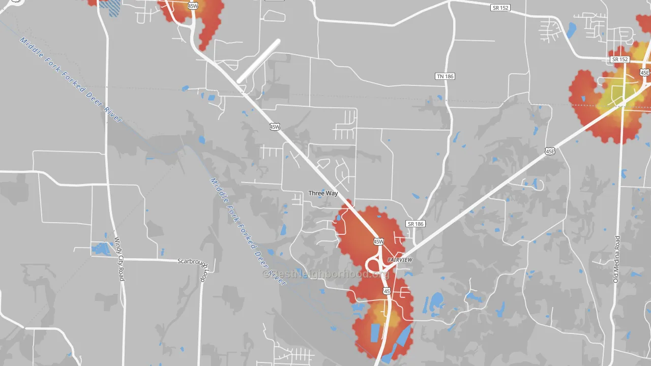 Walk Grade map of Three Way, TN, walkable areas in green and car-dependent areas in red