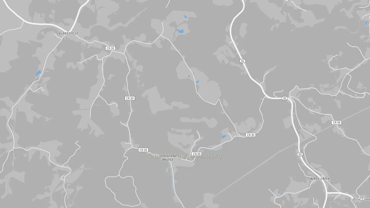 Walk Grade map of Threefork Bridge, WV, walkable areas in green and car-dependent areas in red