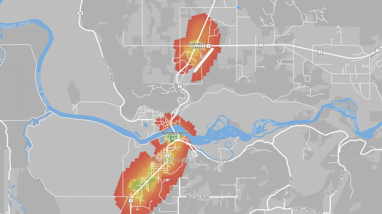 Walk Grade map of Threemile Corner, ID, walkable areas in green and car-dependent areas in red