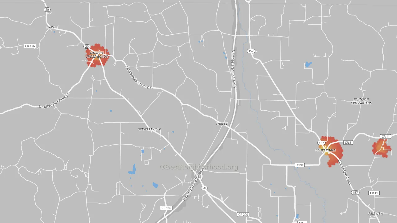 Walk Grade map of Threet, AL, walkable areas in green and car-dependent areas in red