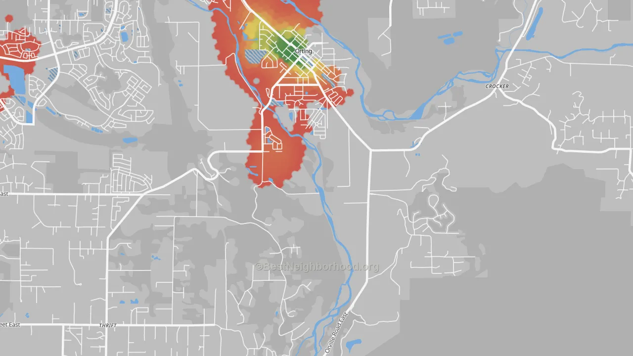 Walk Grade map of Thrift, WA, walkable areas in green and car-dependent areas in red