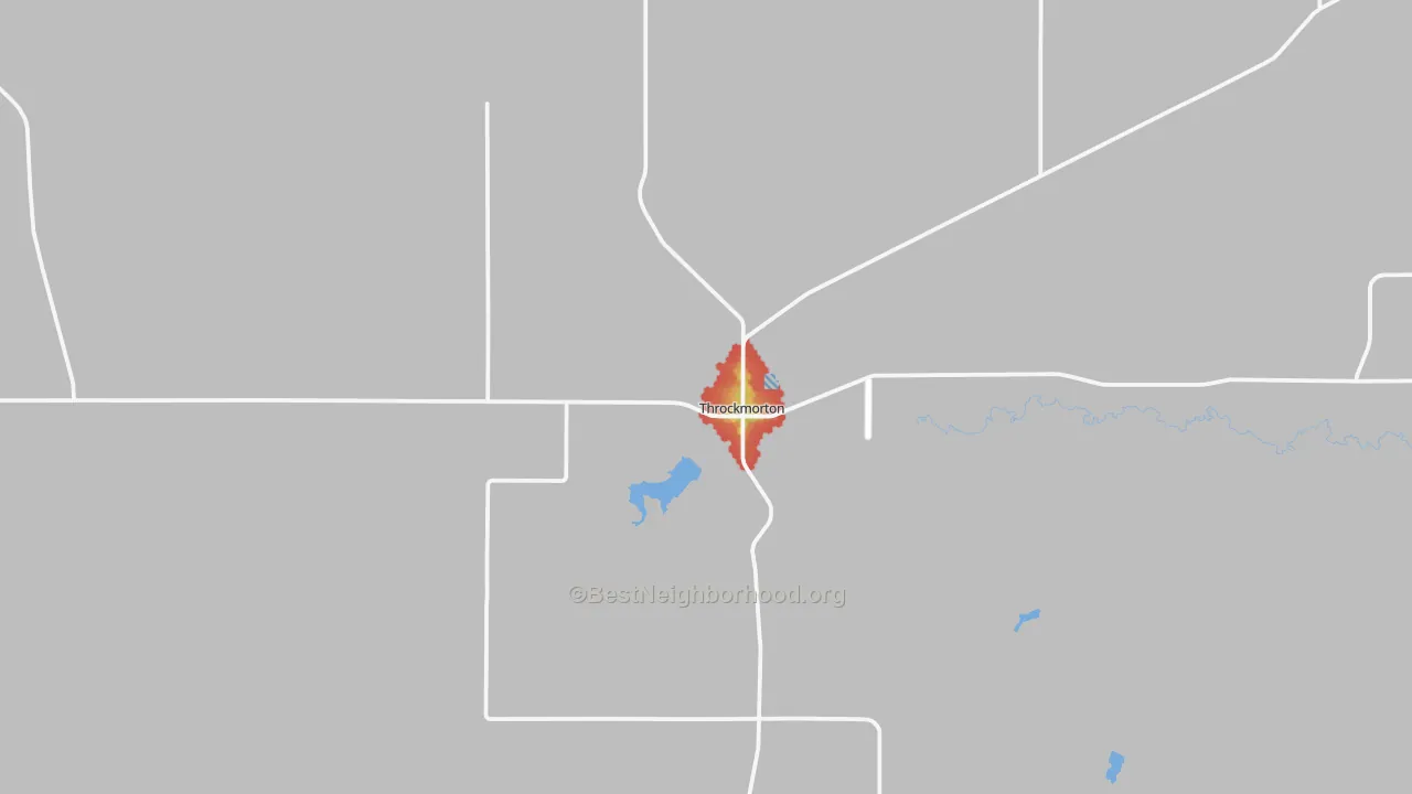 Walk Grade map of Throckmorton, TX, walkable areas in green and car-dependent areas in red
