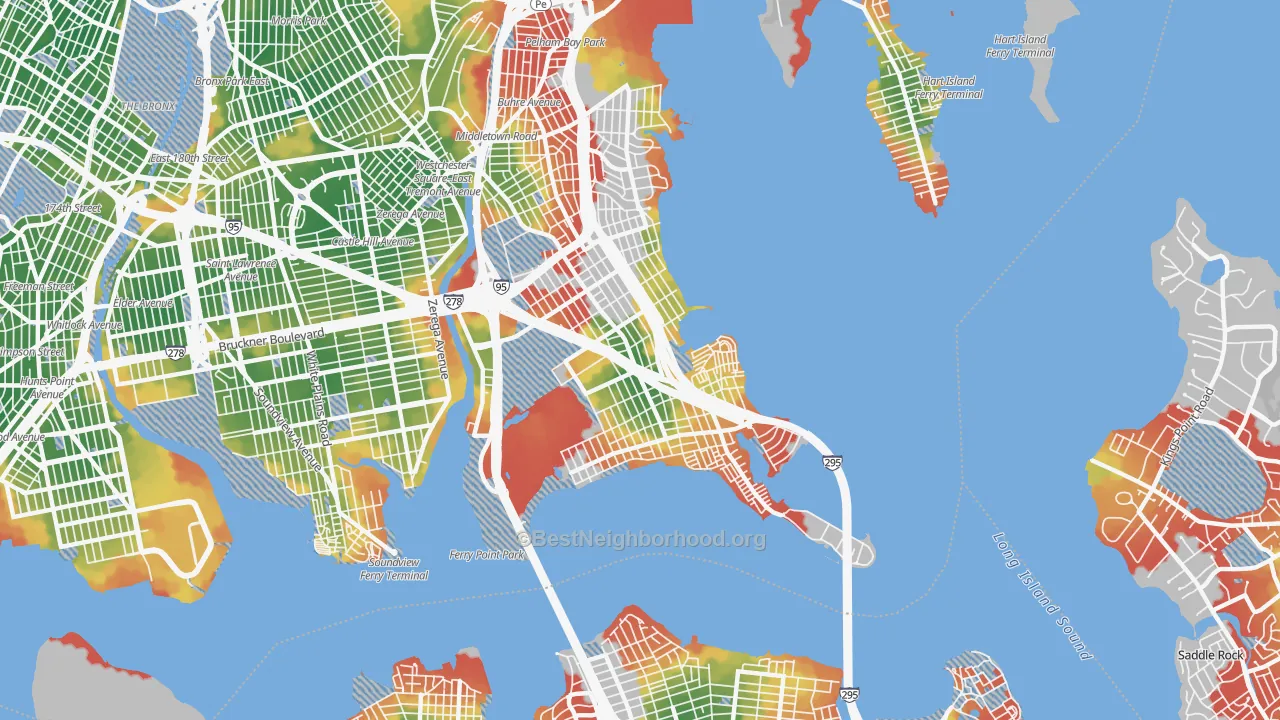 Walk Grade map of Throgs Neck-Edgewater Park, Bronx, NY, walkable areas in green and car-dependent areas in red