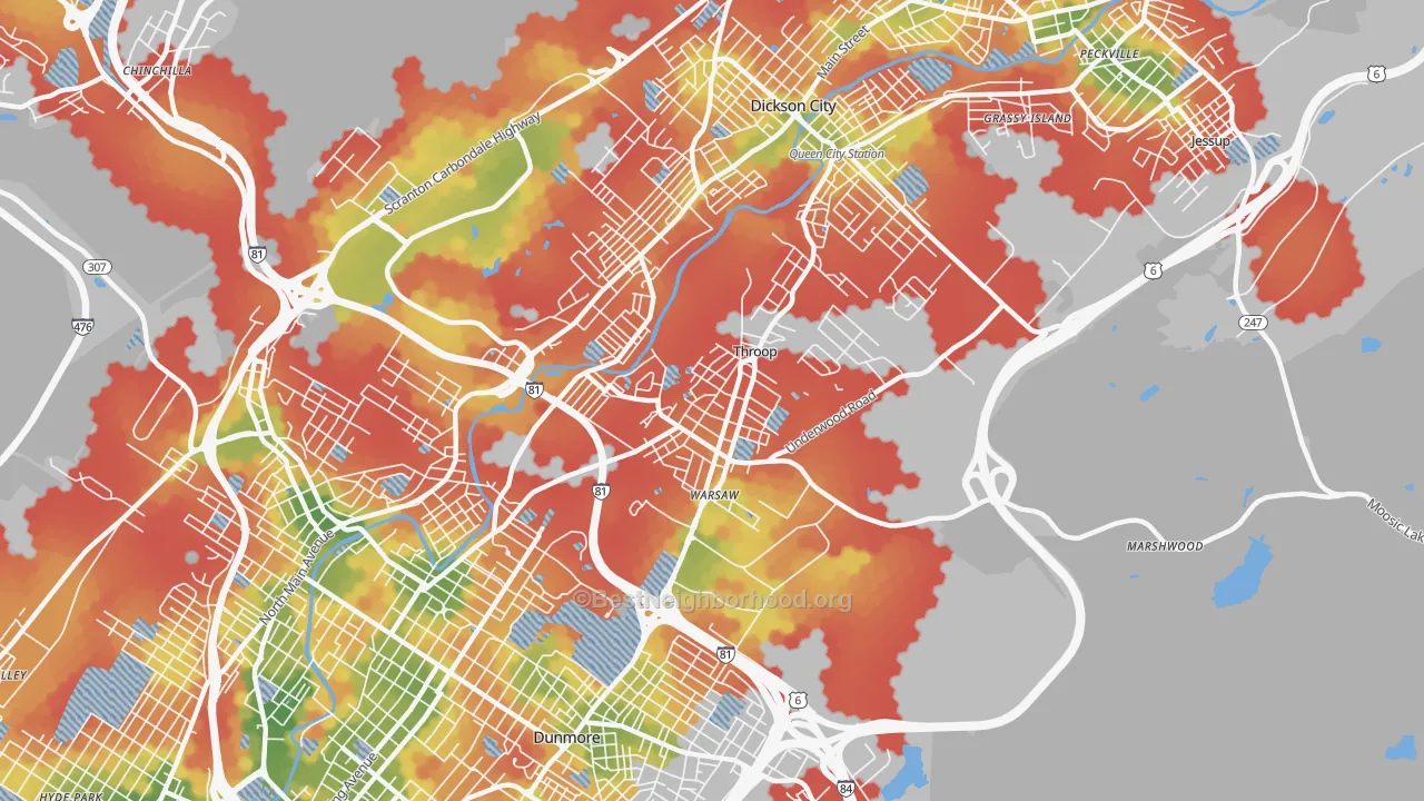 Walk Grade map of Throop, PA, walkable areas in green and car-dependent areas in red