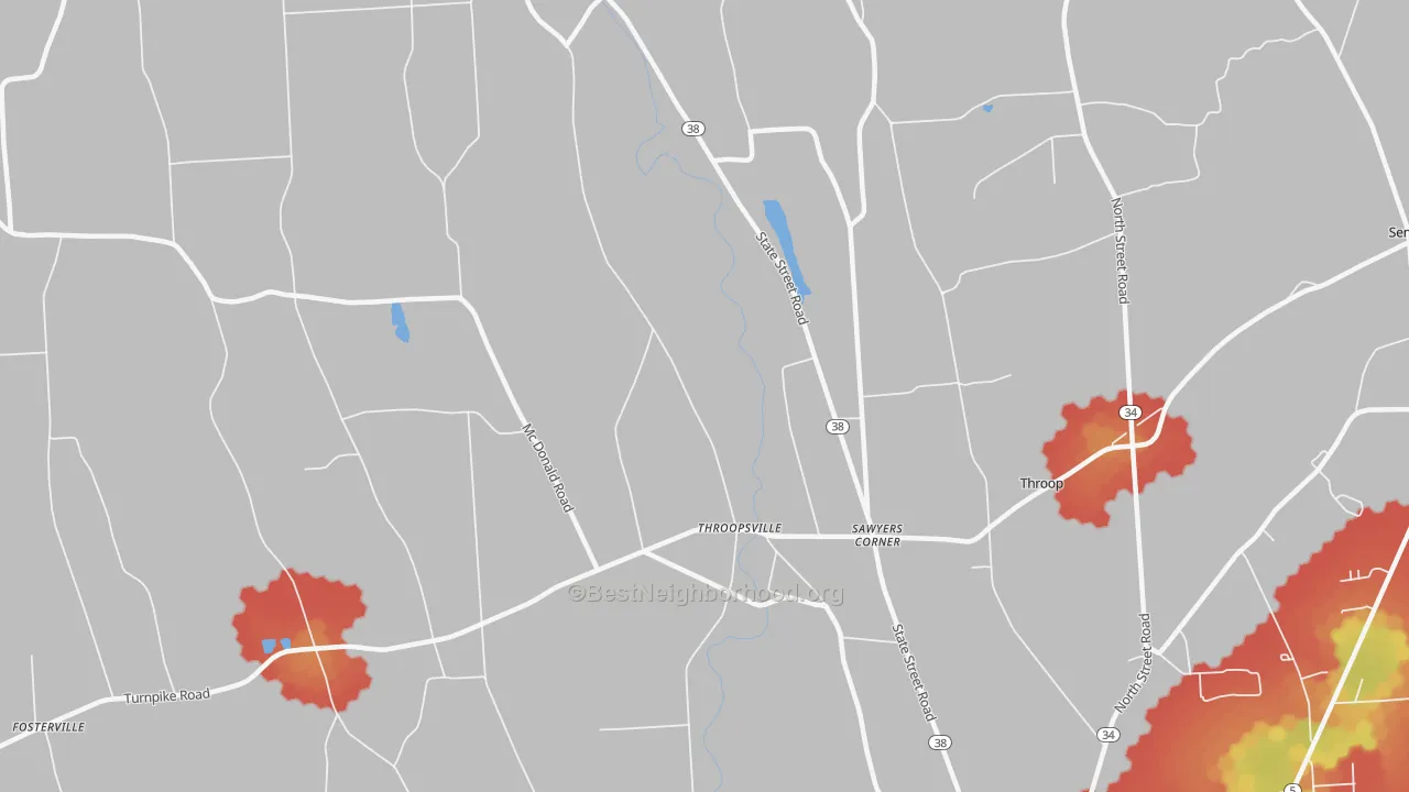 Walk Grade map of Throopsville, NY, walkable areas in green and car-dependent areas in red