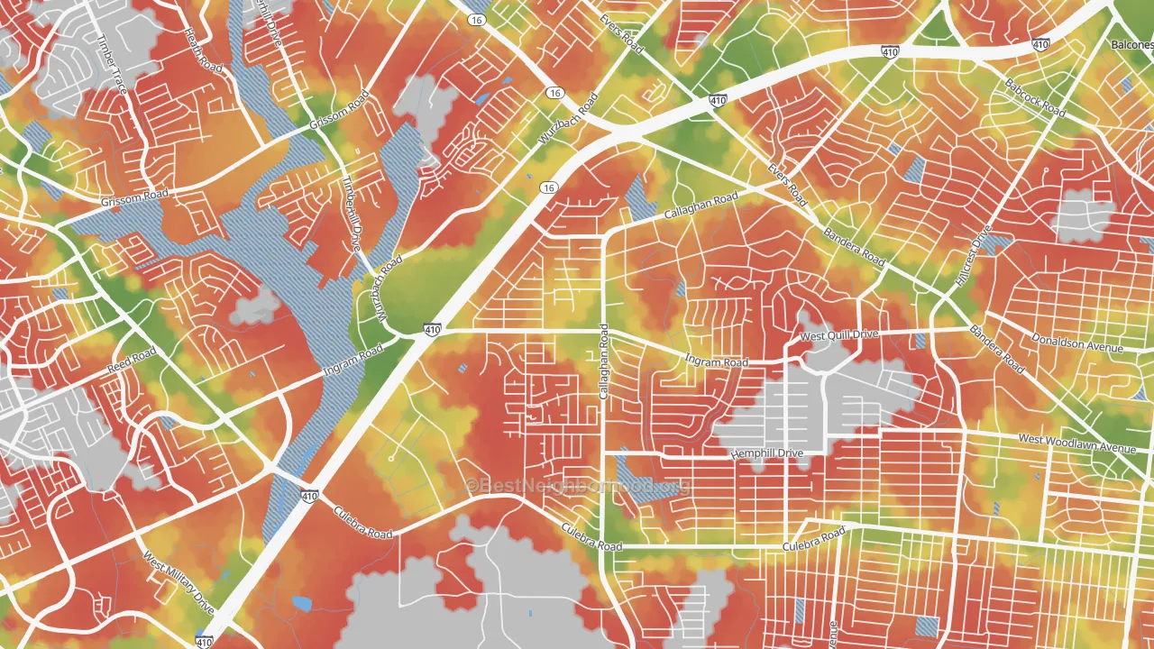 Walk Grade map of Thunderbird Hills, San Antonio, TX, walkable areas in green and car-dependent areas in red