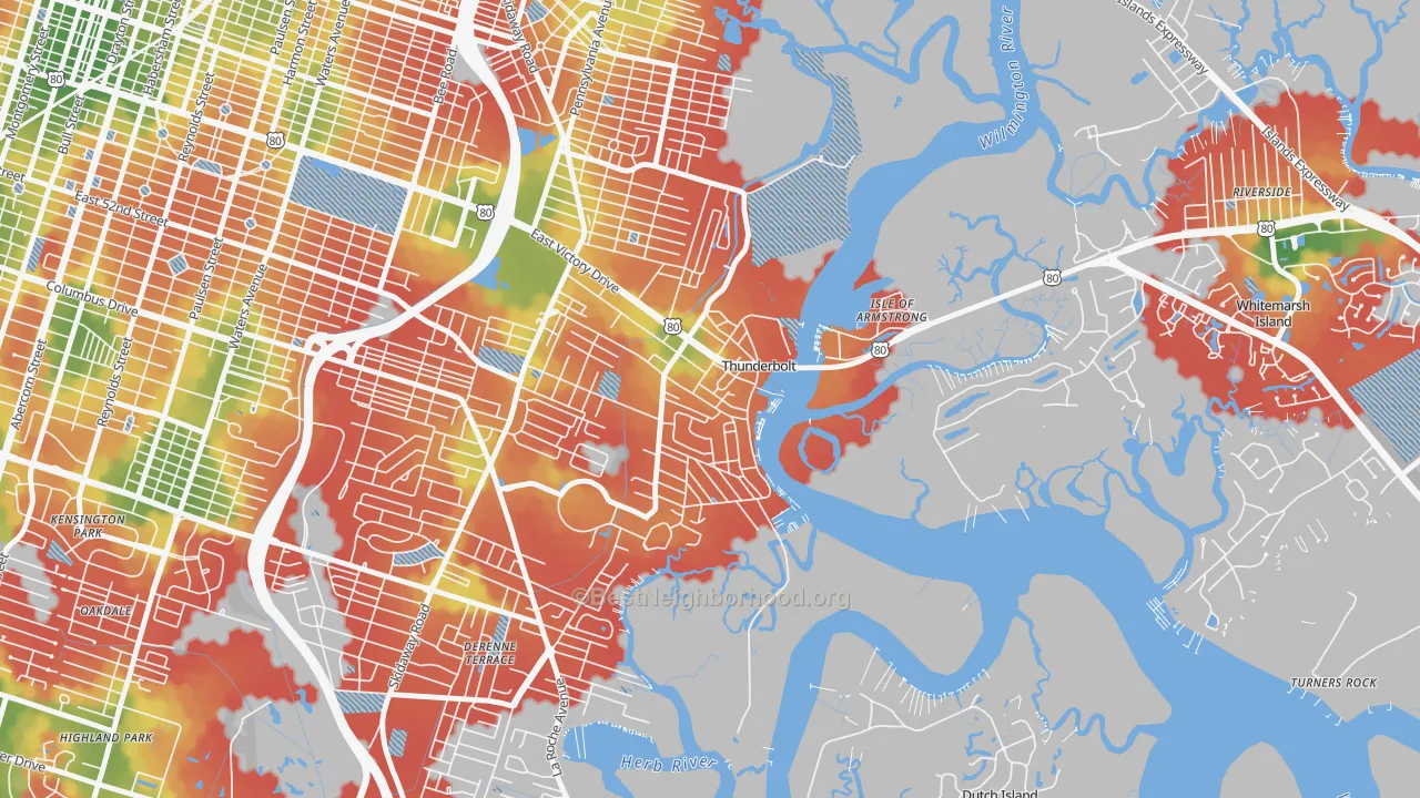 Walk Grade map of Thunderbolt, GA, walkable areas in green and car-dependent areas in red