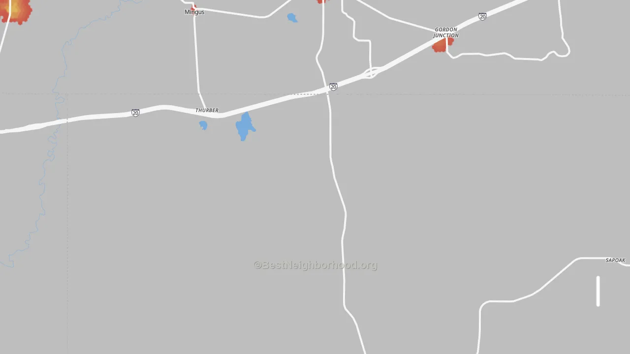 Walk Grade map of Thurber, TX, walkable areas in green and car-dependent areas in red