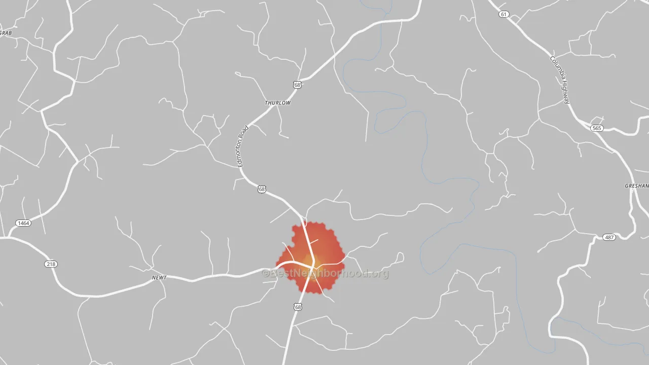 Walk Grade map of Thurlow, KY, walkable areas in green and car-dependent areas in red