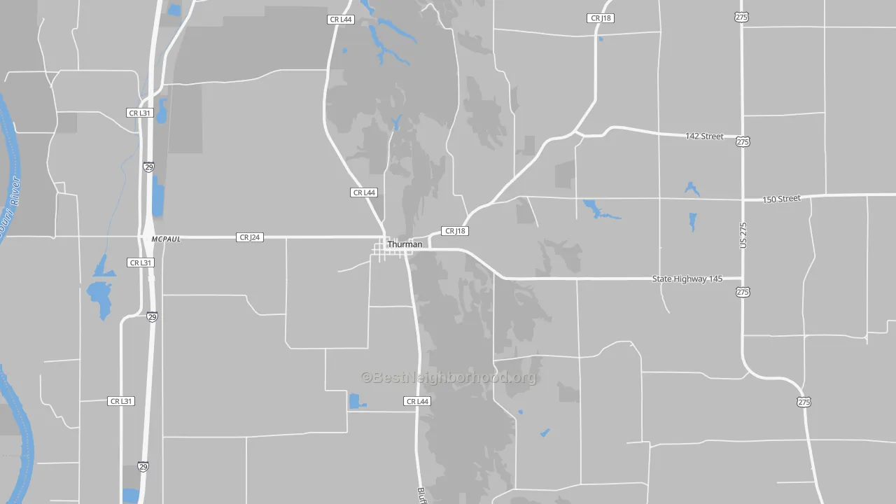 Walk Grade map of Thurman, IA, walkable areas in green and car-dependent areas in red