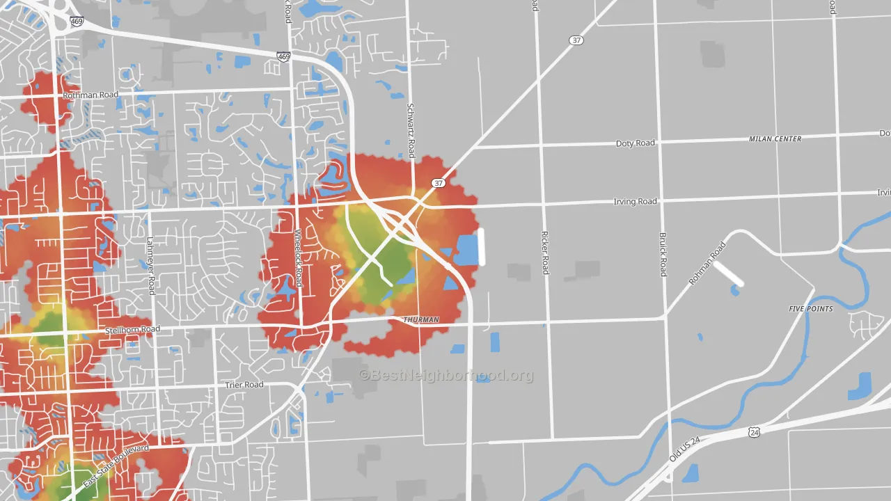 Walk Grade map of Thurman, IN, walkable areas in green and car-dependent areas in red