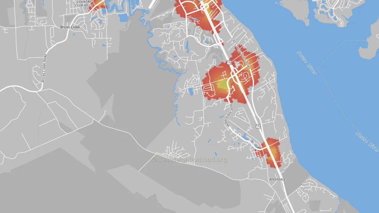 Walk Grade map of Thurman, NC, walkable areas in green and car-dependent areas in red