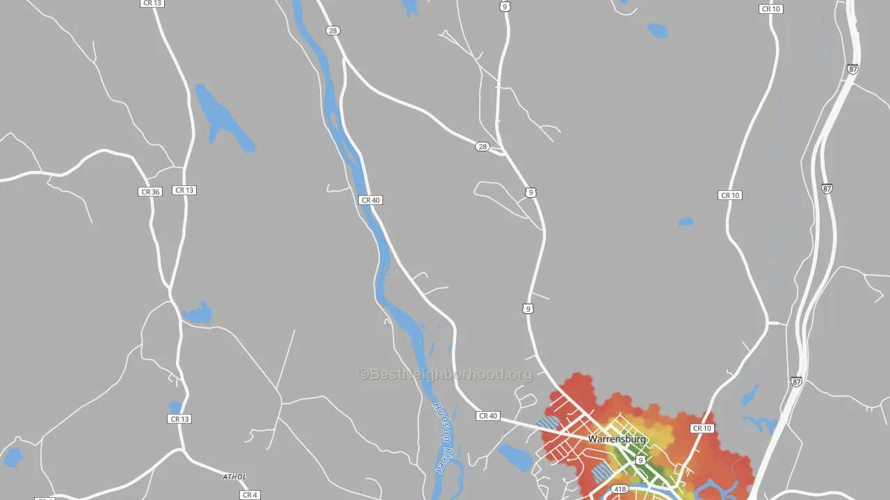 Walk Grade map of Thurman, NY, walkable areas in green and car-dependent areas in red