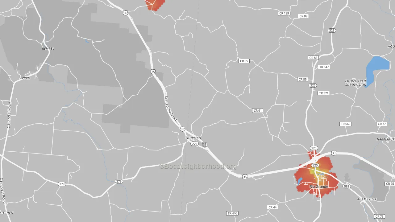 Walk Grade map of Thurman, OH, walkable areas in green and car-dependent areas in red