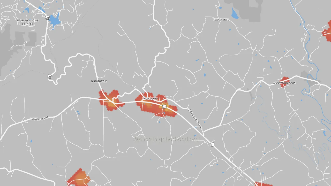 Walk Grade map of Thurmond, NC, walkable areas in green and car-dependent areas in red