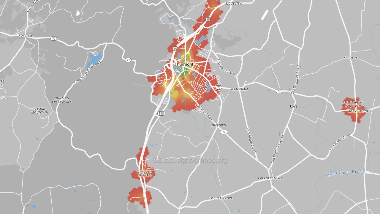 Walk Grade map of Thurmont, MD, walkable areas in green and car-dependent areas in red