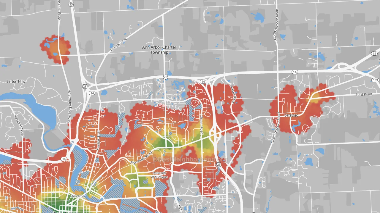 Walk Grade map of Thurston, Ann Arbor, MI, walkable areas in green and car-dependent areas in red