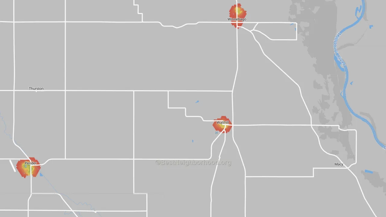 Walk Grade map of Thurston County, NE, walkable areas in green and car-dependent areas in red