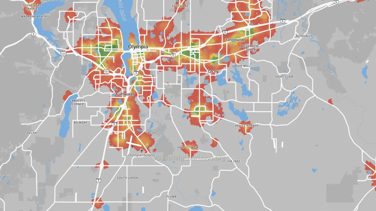 Walk Grade map of Thurston County, WA, walkable areas in green and car-dependent areas in red