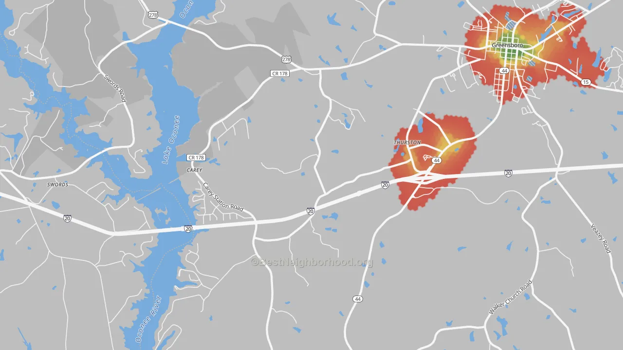 Walk Grade map of Thurston, GA, walkable areas in green and car-dependent areas in red