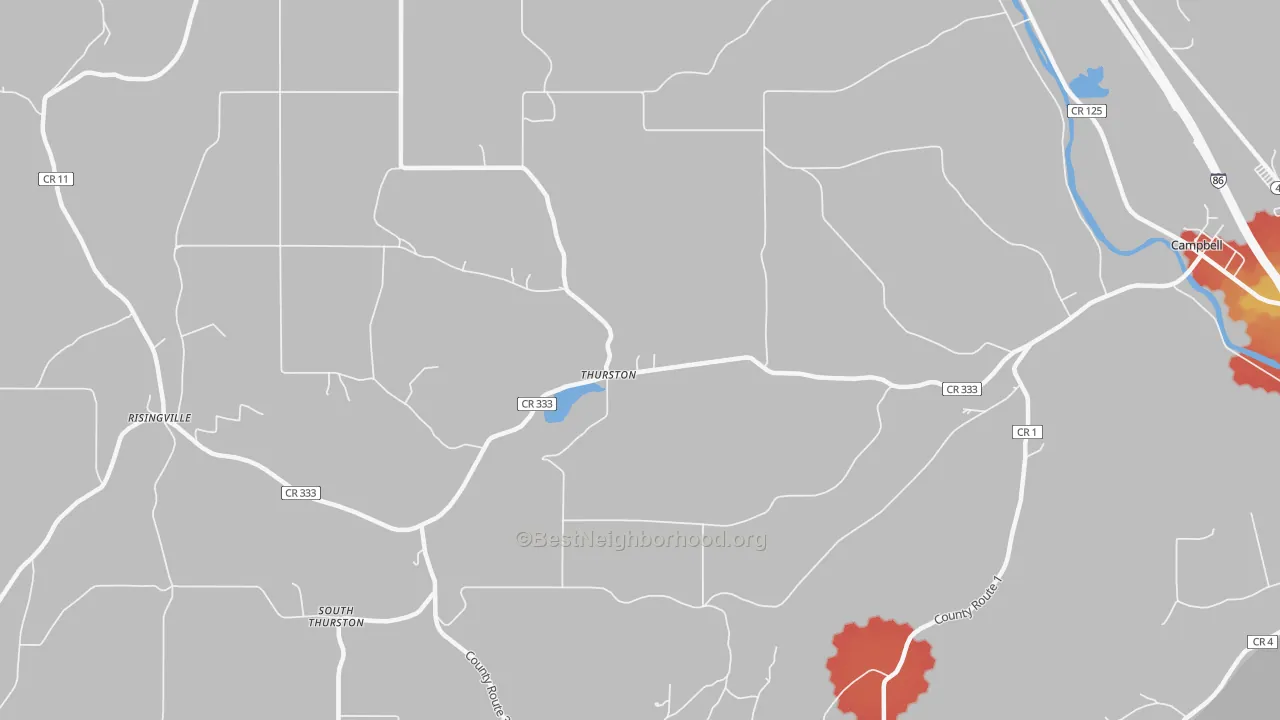 Walk Grade map of Thurston, NY, walkable areas in green and car-dependent areas in red