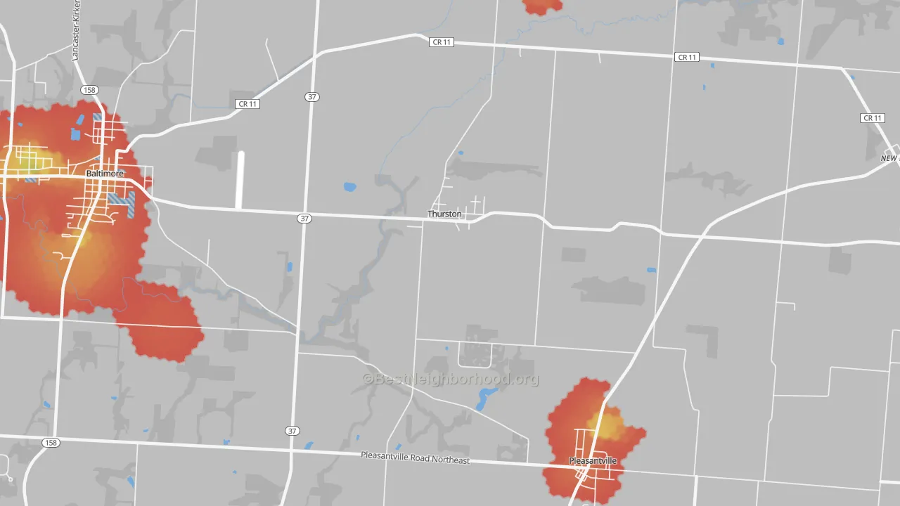 Walk Grade map of Thurston, OH, walkable areas in green and car-dependent areas in red