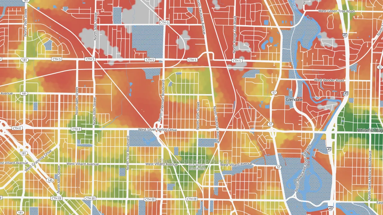 Walk Grade map of Thurston Woods, Milwaukee, WI, walkable areas in green and car-dependent areas in red