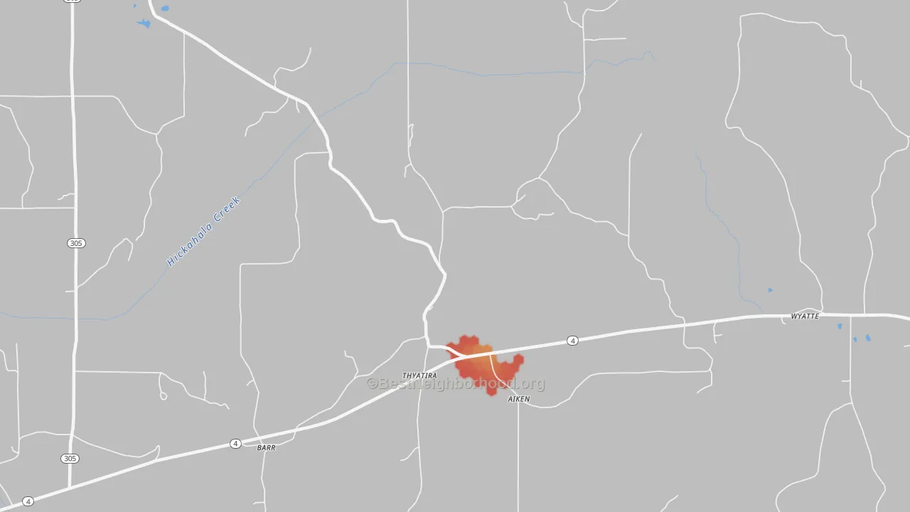 Walk Grade map of Thyatira, MS, walkable areas in green and car-dependent areas in red