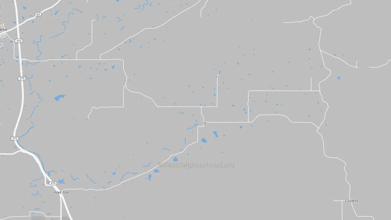 Walk Grade map of Ti, OK, walkable areas in green and car-dependent areas in red