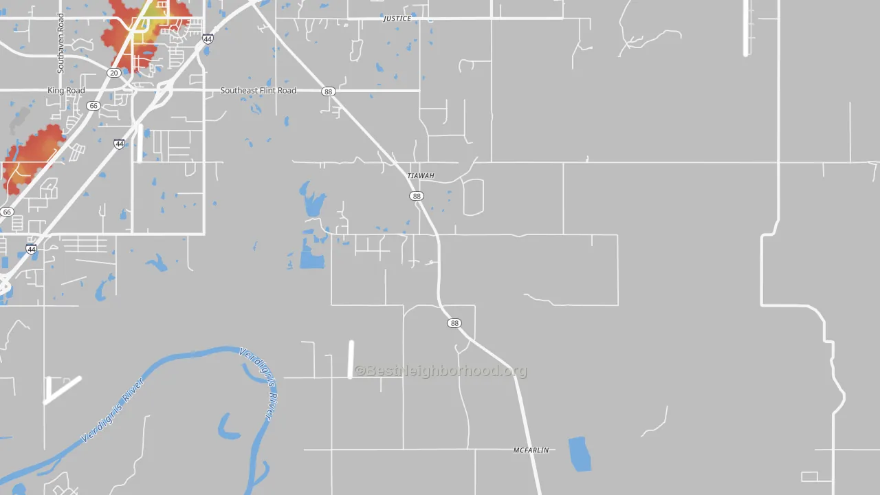 Walk Grade map of Tiawah, OK, walkable areas in green and car-dependent areas in red